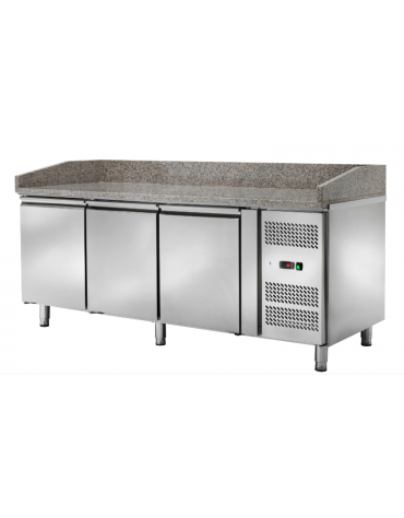 Banco pizza refrigerato ventilato, 3 porte - piano in granito e vetrina - temperatura -2/+8°C - mm L 2025x800x1050h