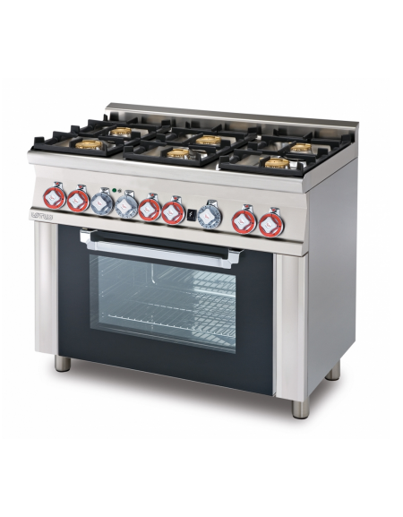 Cucina a gas 6 fuochi su forno a gas statico con grill, porta in vetro, camera cm 64x39x35h, 1 griglia - cm 100x 60x 90h