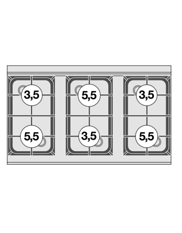 Cucina a gas 6 fuochi su forno a gas statico con grill, porta in vetro, camera cm 64x39x35h, 1 griglia - cm 100x 60x 90h