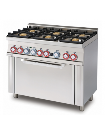 Cucina a gas 6 fuochi su forno a elettrico statico con grill e porta in vetro, camera cm 64x42x35h, 1 griglia - cm 100x60x90h
