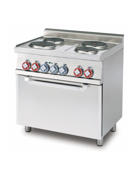 Cucina elettrica trifase-9,05kw, 4 piastre, forno elettrico multifunzione con camera cm 64x37x35h, porta cieca inox - cm 80x60x9