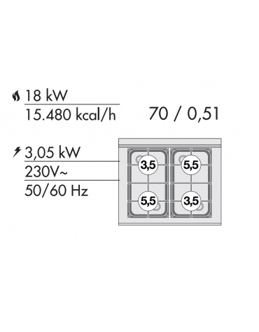 Cucina a gas 4 fuochi su forno a elettrico multifunzione, camera cm 46x37x35h, 1 griglia -porta inox,cm 60x60x90h