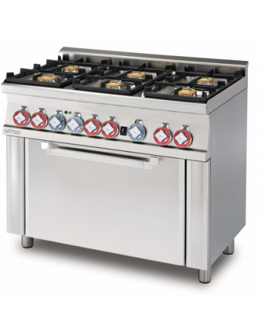 Cucina a gas 6 fuochi su forno a elettrico multifunzione, camera cm 64x37x35h porta  cieca , 1 griglia - cm 100x60x90h