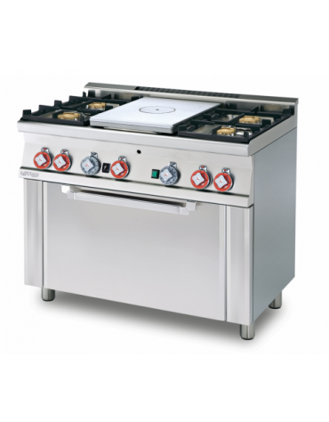 Cucina tutto piastra a gas 4 fuochi 1 piastra, forno a gas statico con grill, porta inox, camera cm 64x39x35h - cm 100x60x90 h