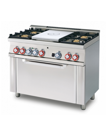Cucina tutto piastra a gas 4 fuochi 1 piastra, forno elettrico statico, porta inox, camera cm 64x42x35h - cm 100x60x90h