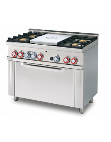 Cucina tuttopiastra a gas 4 fuochi 1 piastra, forno elettrico multifunzione, porta inox, camera cm 64x37x35h - cm 100x60x90h