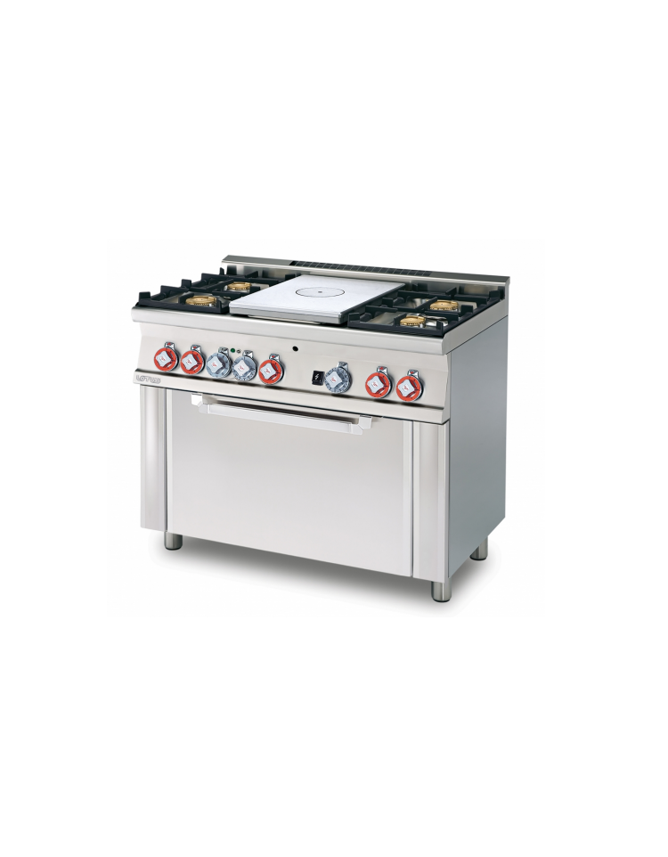 Cucina tutto piastra a gas 4 fuochi 1 piastra, forno a gas statico con  grill, porta inox, camera cm 64x39x35h - cm 100x60x90 h