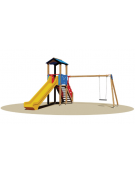 Torretta con tetto , 1 altalena sedile piano - scivolo polietilene - cm 490x445x315h
