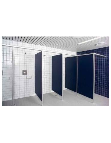 Divisorio per doccia con supporto di acciaio inox e pannello di laminato.