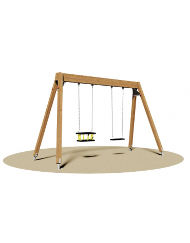 Altalena realizzata con struttura in legno - 2 Posti ( 1 sedile piano e 1 sedile a gabbia) - cm 370x160x230h