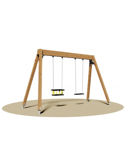 Altalena realizzata con struttura in legno - 2 Posti ( 1 sedile piano e 1 sedile a gabbia) - cm 370x160x230h