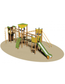 Villaggio in legno con scivolo, ponti in corda, pertiche e parete arrampicata - 4 torrette - scivolo poly - cm 900x400x350h