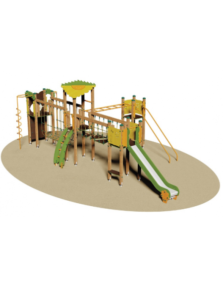 Villaggio in legno con scivolo, ponti in corda, pertiche e parete arrampicata - 4 torrette - scivolo poly - cm 900x400x350h