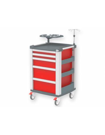 Carrello emergenza - con asta porta flebo a 4 ganci, ripiano porta defibrillatore e porta bombola - cm 60,5x65,5x97h