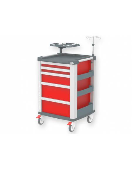 Carrello emergenza - con asta porta flebo a 4 ganci, ripiano porta defibrillatore e porta bombola - cm 60,5x65,5x97h