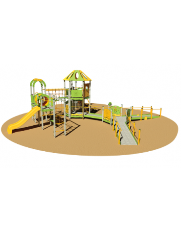 Villaggio multiattività inclusivo con 3 torrette e 2 pedane di accesso, - 2 scivoli polietilene - cm 1435x1321x430h