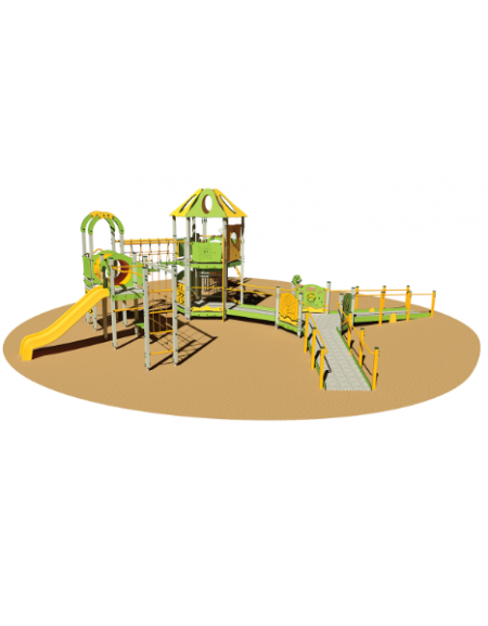 Villaggio multiattività inclusivo con 3 torrette e 2 pedane di accesso, - 2 scivoli polietilene - cm 1435x1321x430h