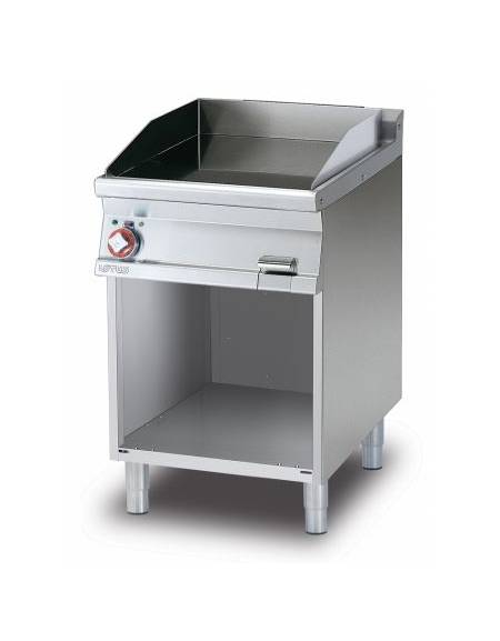 Fry top elettrico trifase-7,4kw, piastra liscia cromata SUPERCHROME cm 56x51 su mobile a giorno - dim. 60x70,5x90h