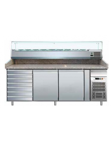 Banco refrigerato pizzeria 2 porte + cassettiera per panetti con sovrastruttura refrigerata GN1/3 - cm 202,5x80x139h