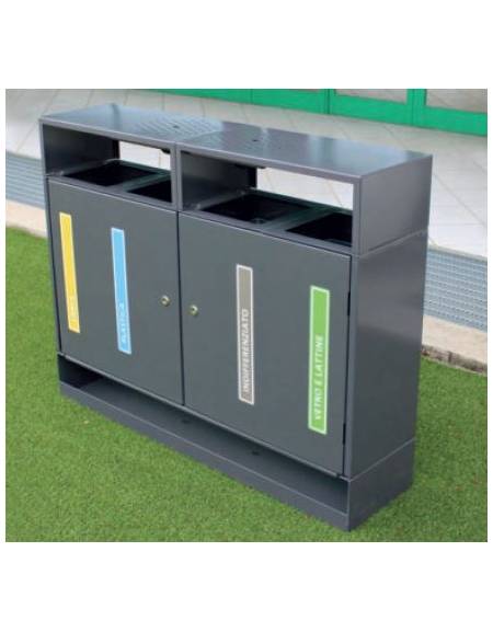 Cestino per raccolta differenziata a 4 settori da Lt 30x4, in acciaio zincato e verniciato, con copertura - cm 122,4x31x97,3h