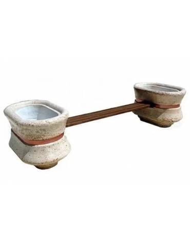 Panchina con seduta in legno fra 2 fioriere ovali in cemento colore Bianco pietra - cm 280x100x65h - Conforme ai CAM