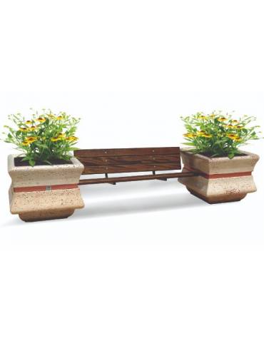 PANCHINA CON SCHIENALE E SEDUTA IN LEGNO TRA 2 FIORIERE QUADRATE IN CEMENTO COLORE GRIGIO PIETRA - CM 340x90x85H - Conforme CAM