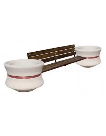 Panchina con schienale e seduta in legno fra 2 fioriere tonde in cemento colore Grigio pietra - cm 340x90x85h - Conforme ai CAM