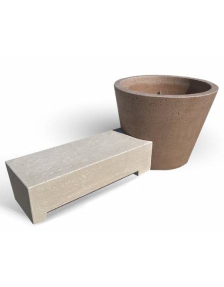Panchina monoblocco con seduta e fioriera tonda in cemento colore Bianco travertino - cm 230x129x100h - Conforme ai CAM
