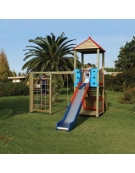 Mini torre singola con tetto, struttura in legno di pino nordico, scivolo dritto in acciaio e step - cm 158x207x232h