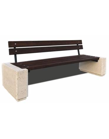 Panchina con schienale e seduta a doghe in legno esotico e fianchi in cemento colore Bianco pietra - cm 220x68x85h