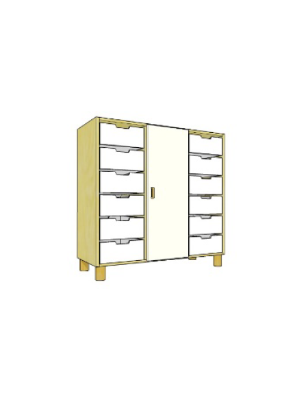 MOBILE CONTENITORE CON 12 CASSETTE IN PLASTICA E 1 ANTA COLORE A SCELTA, STRUTTURA NOBILITATO BETULLA O LARICE - cm 104x41x114H