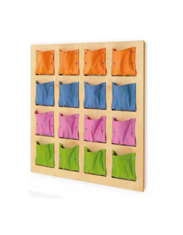 PANNELLO CON 16 TASCHE, STRUTTURA IN MULTISTRATI DI BETULLA, TASCHE ECOPELLE COLORI A SCELTA - cm 120x120H