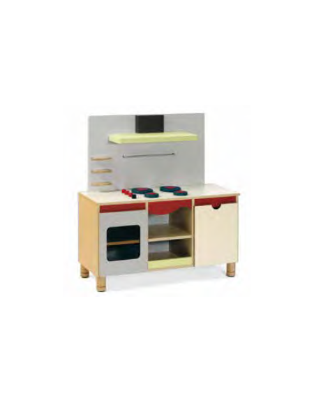 MOBILE GIOCO CUCINA CON CAPPA, STRUTTURA E RIPIANI IN LEGNO CON FINITURA NOBILIATO DI BETULLA - cm 104x41x56/108H