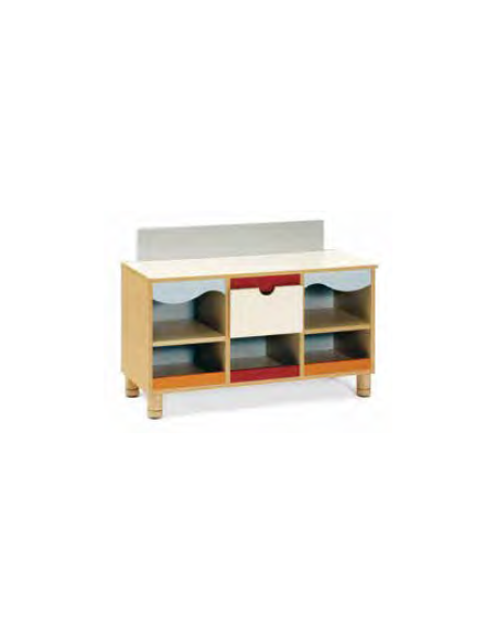 MOBILE GIOCO CREDENZA, STRUTTURA E RIPIANI IN LEGNO CON FINITURA NOBILIATO DI BETULLA - cm 104x41x56/71H