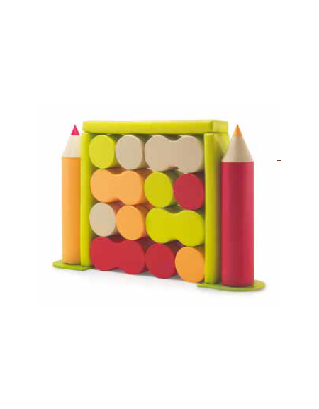 TEATRO A FORMA DI MATITA COMPLETO DI 4 POUF FORMA ARACHIDE E 16 POUF CILINDRETTO - COLORI A SCELTA - cm 240x50x150H