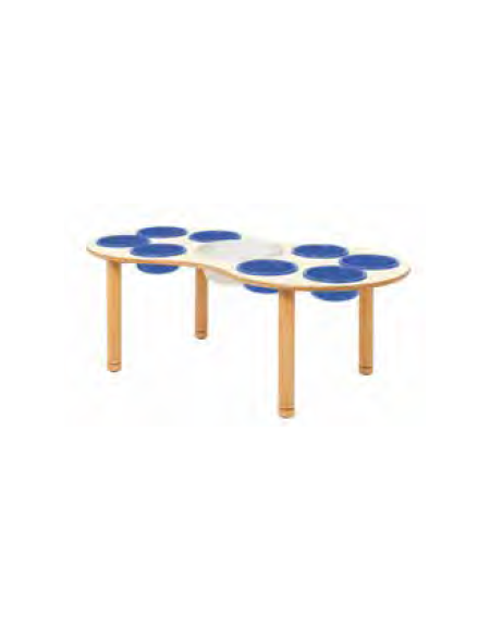 TAVOLO MANIPOLAZIONE ETA' 0/3 ANNI A 9 VASCHETTE PICCOLE E 1 GRANDE - GAMBE E PIANO IN LEGNO - cm 150x75x42H