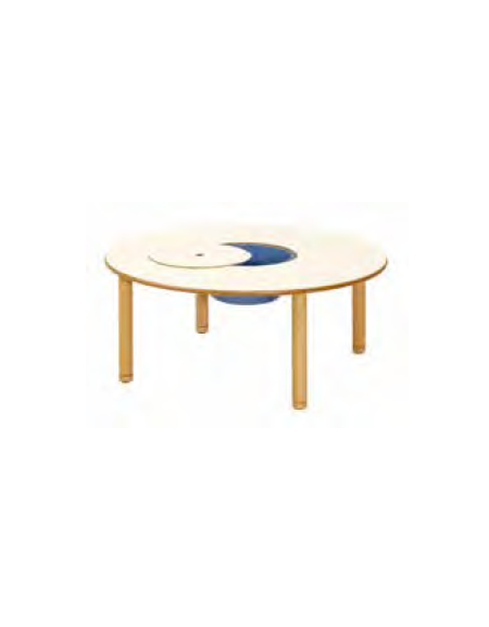 TAVOLO ROTONDO PER MANIPOLAZIONE ETA' 0/3 ANNI CON VASCA E COPERCHIO, GAMBE 60 MM IN LEGNO MASSELLO  - cm Ø 90x42H