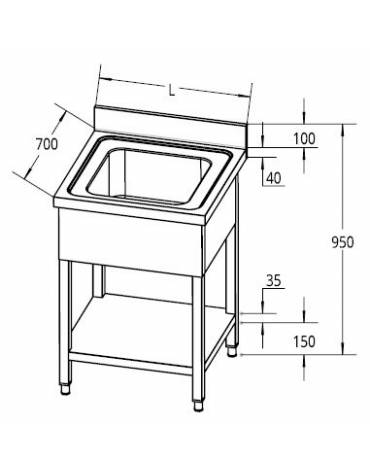 Lavello inox 1 vasca con ripiano Dimensioni cm.80x70x90h