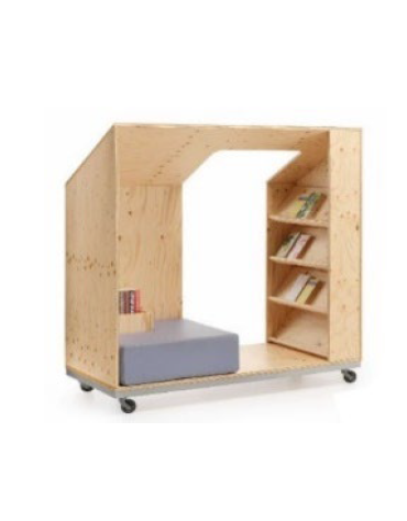 BOOKBOX LUOGO CON-DIVISO MODULO ESPOSITORE SU RUOTE + POUF ANGOLARE COLORI A SCELTA - cm cm 145x70x150H