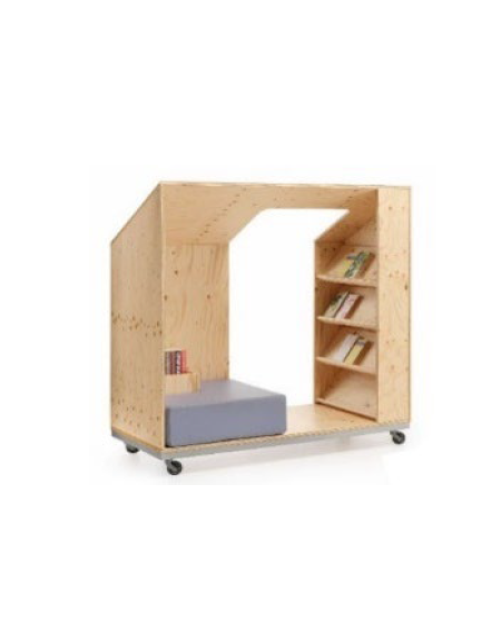 BOOKBOX LUOGO CON-DIVISO MODULO ESPOSITORE SU RUOTE + POUF ANGOLARE COLORI A SCELTA - cm cm 145x70x150H