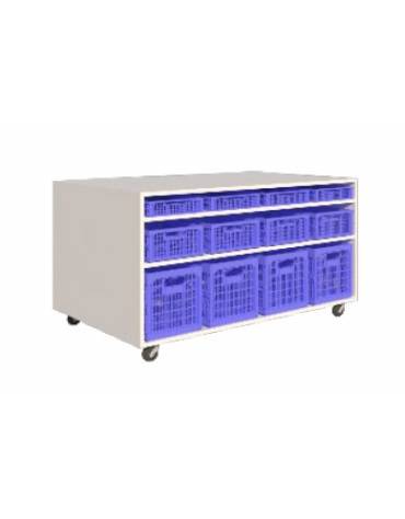 POSTAZIONE BASE MOBILE BIFRONTE CAPACITA' 24 CASSETTE (ESCLUSE) PER DIDATTICA STEAM, STRUTTURA IN LEGNO - cm 138x82x86H