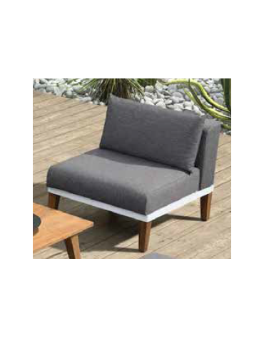 POLTRONA con struttura alluminio verniciato e teak, sedute e schienali imbottiti tessuto idrorepellente - cm 75x80x69h