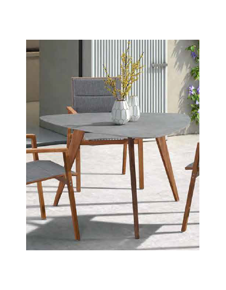 TAVOLO TRIANGOLARE per interni e esterni, struttura in teak e piano in ceramica - cm 110x110x74h