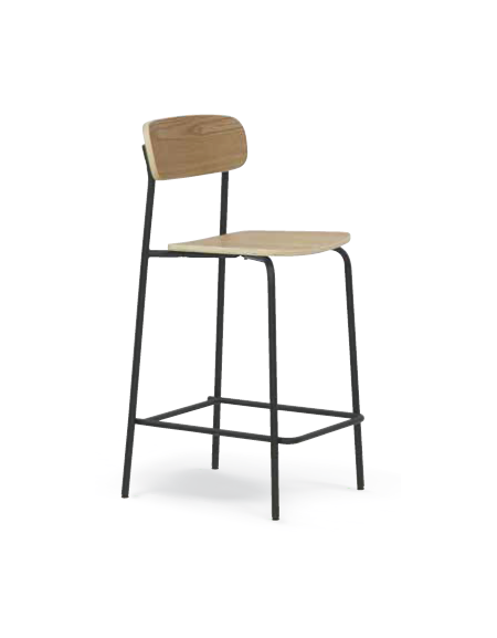 Sgabello con schienale, struttura in metallo verniciato, seduta e schienale in legno multistrato - cm 39x38x99h
