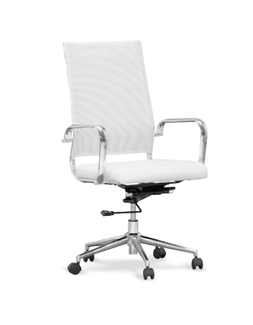 Poltrona per ufficio in metallo cromato, seduta rivestita in ecopelle, schienale in textilene - colore nero o bianco - cm h102/1