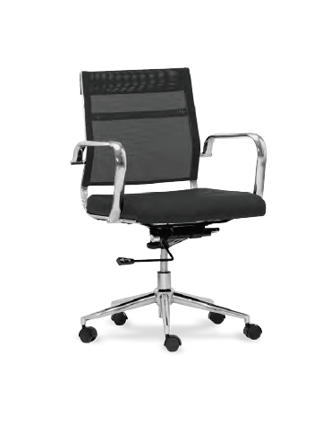 Poltrona ufficio in metallo cromato, seduta rivestita in ecopelle, schienale in textilene - colore nero o bianco - cm 87/93h