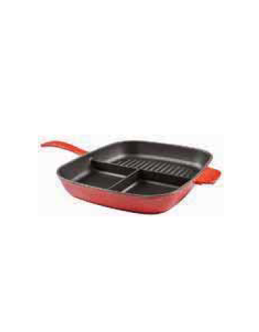 Padella grill divisa in ghisa - colore rosso - 1 manico e 1 maniglia - cm 26x30 - h cm 5,5 - 2,38 Litri - 2 pozioni