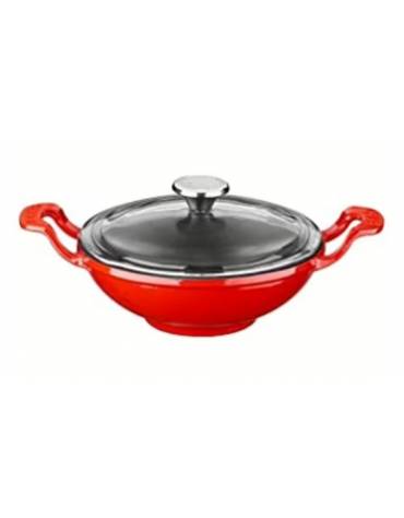 Mini wok in ghisa con coperchio in vetro - colore rosso - Ø cm 16 - 0,75 Litri - 1 pozioni