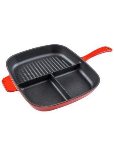 Padella grill divisa in ghisa - colore rosso - 1 manico e 1 maniglia - cm 26x30 - h cm 5,5 - 2,38 Litri - 2 pozioni