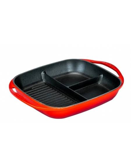 Padella grill divisa in ghisa - colore rosso - con 2 maniglie - cm 26x30 - h cm 5,5 - 2,68 Litri - 4-6 porzioni Padella grill divisa in ghisa - colore rosso - con 2 maniglie - cm 26x30 - h cm 5,5 - 2,68 Litri - 4-6 porzioni